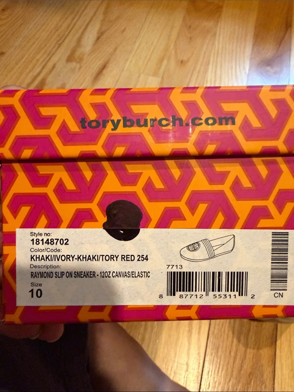 Tory Burch Tan Canvas Slip-Ons with Red Logo Medallions